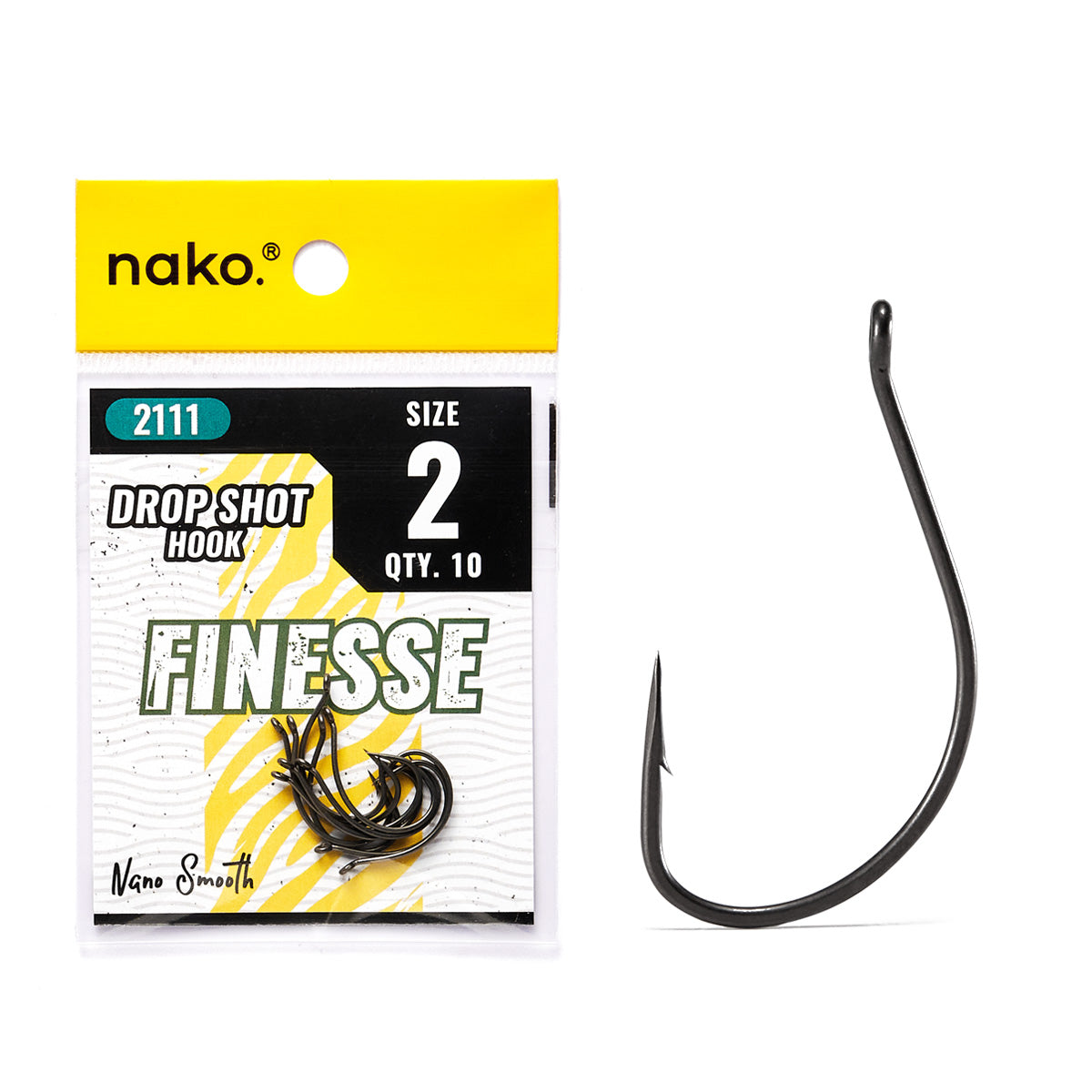 Nako Finesse Drop Shot Hook 2111 | Drop Shot Worm Hooks | 10 Pack | Nano Smooth Coating, #2