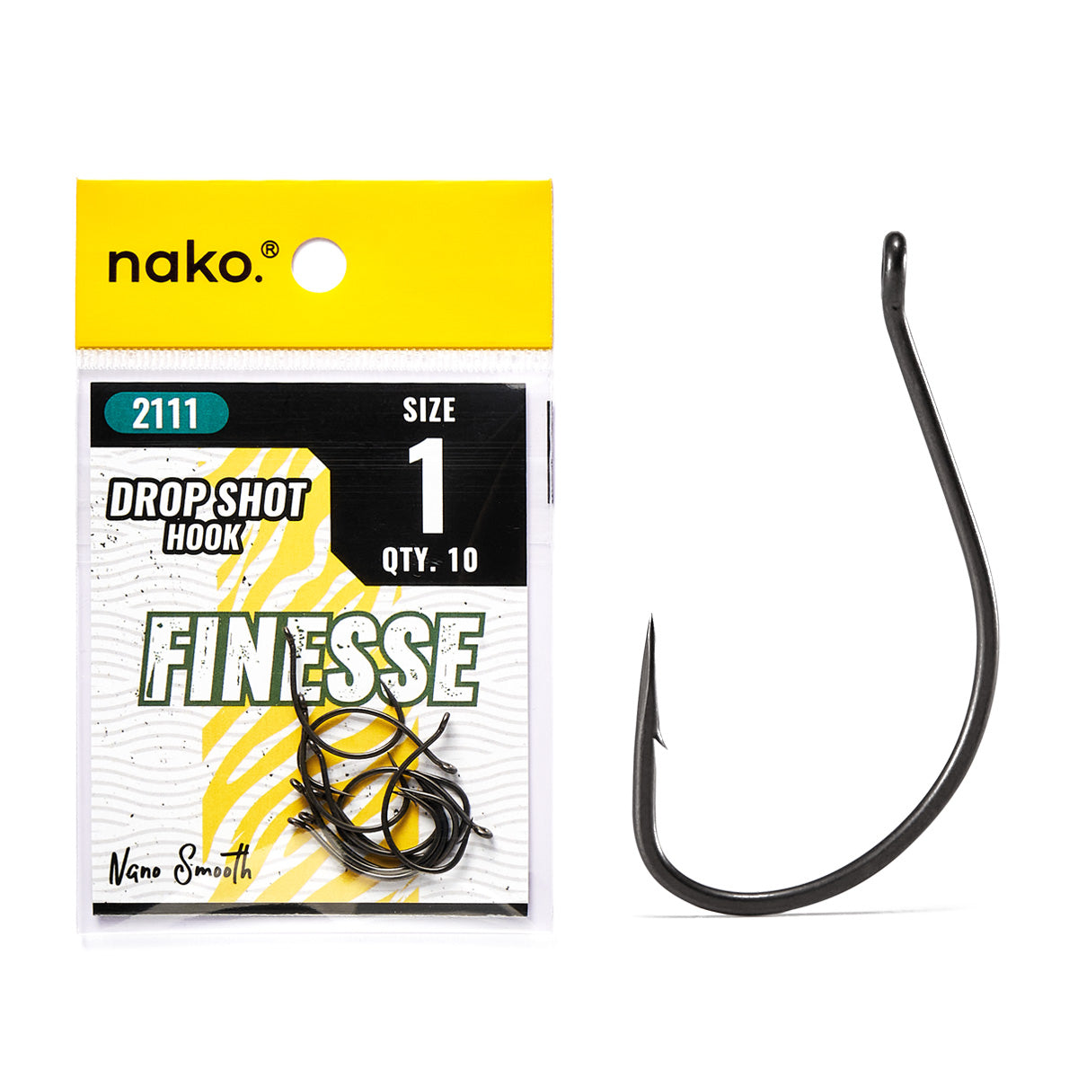 Nako Finesse Drop Shot Hook 2111 | Drop Shot Worm Hooks | 10 Pack | Nano Smooth Coating, #1
