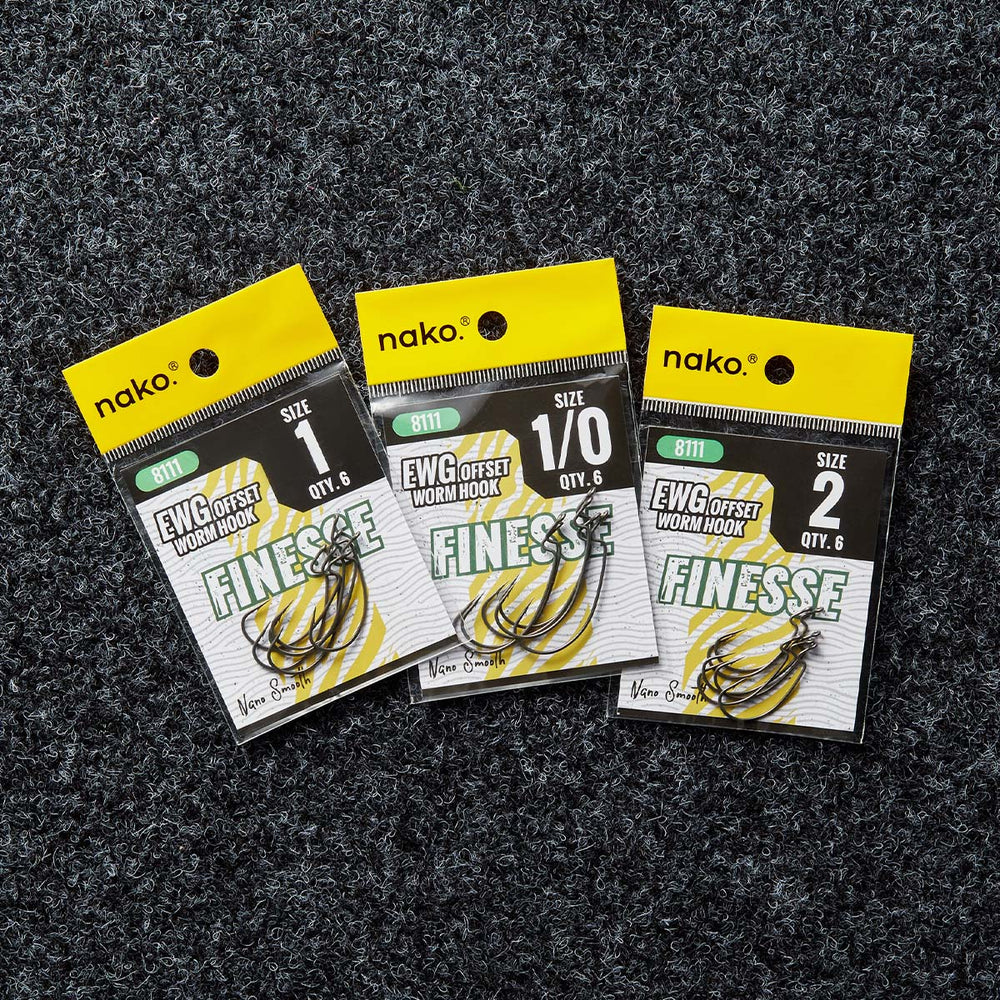 Nako Finesse EWG Hooks 8111 | Offset Wide Gap Worm Hooks | 6 Pack | Nano Smooth Coating